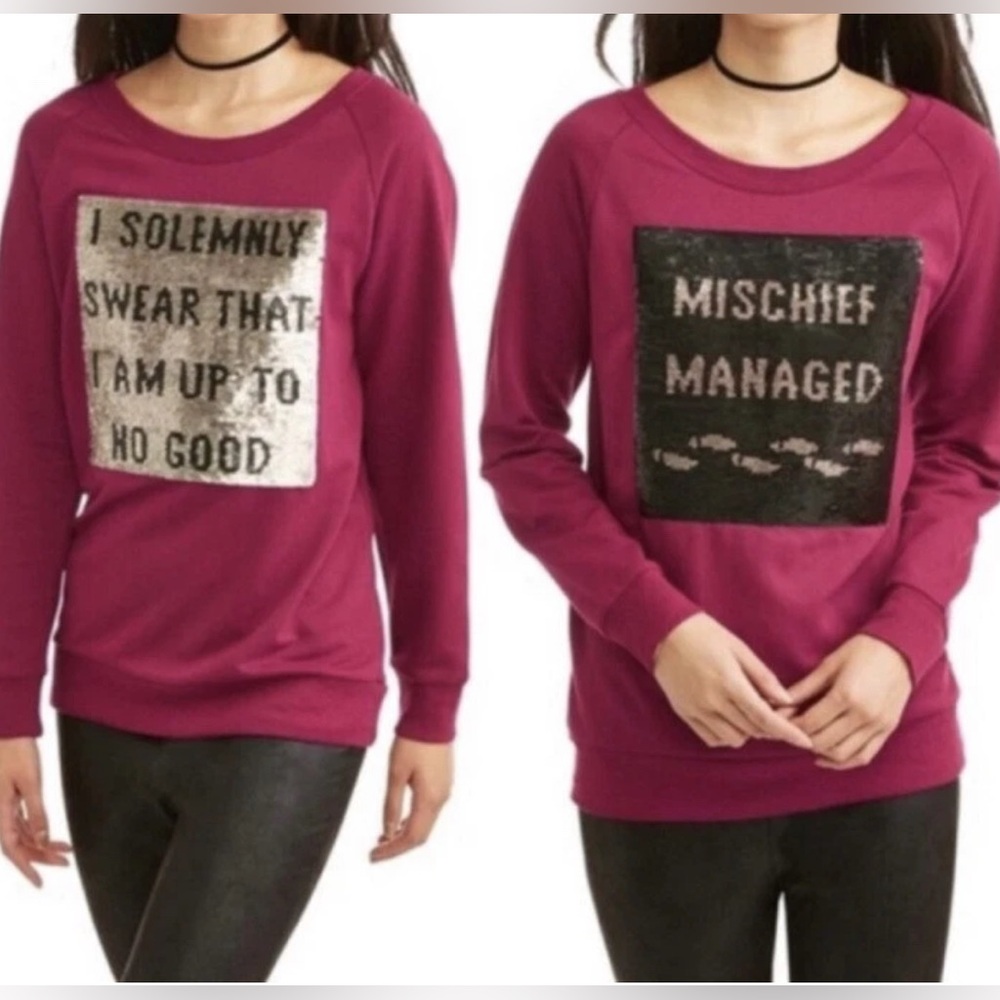 Harry Potter Burgundy crewneck top reverse sequin “I solemnly swear…size large